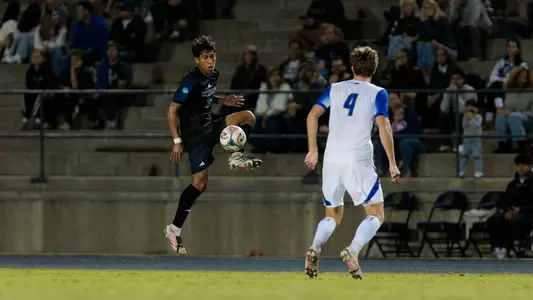 Matthew Miranda gathers a pass in a 2026 match in Anteater Stadium against UC Santa Barbara