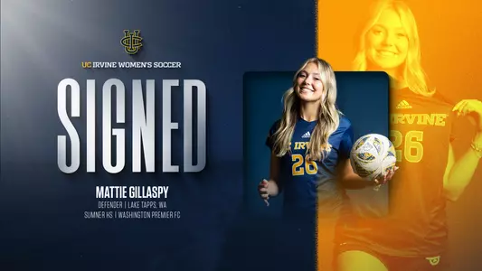 Incoming recruit Mattie Gillaspy is announced posing with her stats - position of defender, hometown of Lake Tapps, Washington, attended Sumner High School, and played for Washington Premier FC