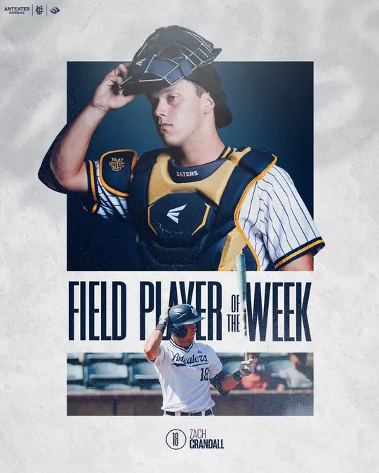 Zach Crandall poses in front of a social version of a Big West Field Player of the Week graphic
