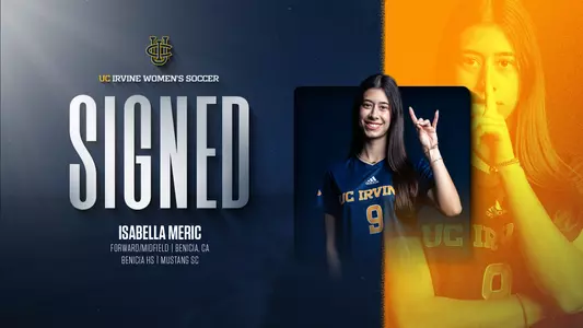 Incoming women's soccer player Isabella Meric poses in front of her bio info as she's introduced to the program
