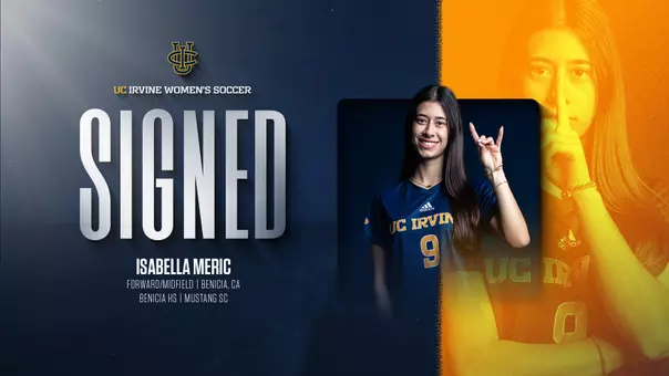 Incoming women's soccer player Isabella Meric poses in front of her bio info as she's introduced to the program