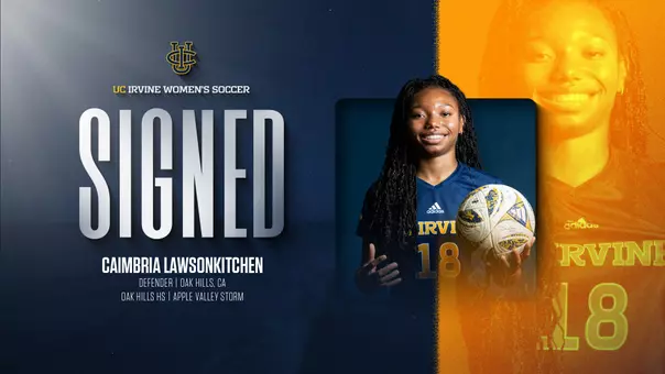 Incoming women's soccer player Caimbria LawsonKitchen poses in front of her bio info - position as defender, hometown of Oak Hills, Calif., attends Oak Hills High School, and playing for Apple Valley Storm club