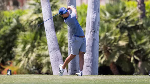 Rei Harashima follows through on a tee shot at the Big West Championship
