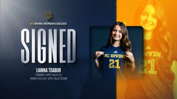 Incoming recruit Lianna Tsabur poses in front of her bio info - position as forward, hometown of Apple Valley, Calif., Granite Hills High School, and club team of Apple Valley Storm