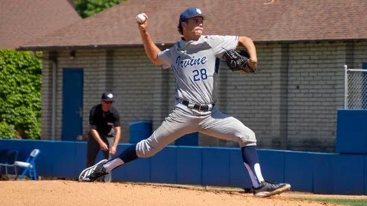 Trevor Hansen pitches during UCI's 17-5 win at UC Riverside as shot by Elena Versage of UC Riverside Athletics