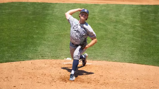 Finnegan Wall delivers a pitch at UC Riverside as shot by Elena Versage of UC Riverside Athletics