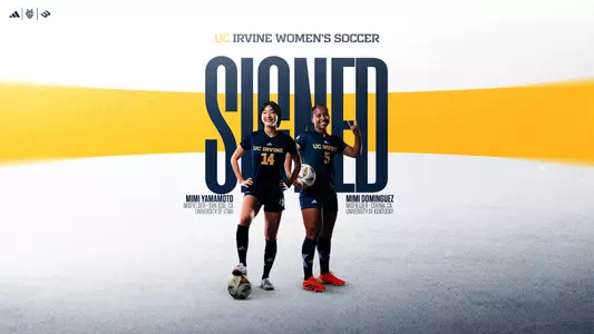 Mimi Dominguez and Mimi Yamamoto pose for a graphic as their signings are announced for women's soccer