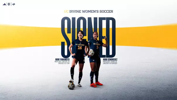 Mimi Dominguez and Mimi Yamamoto pose for a graphic as their signings are announced for women's soccer