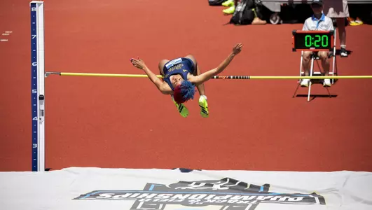 Joy Anderson goes over the high jump bar at the NCAA Championships at Hayward Field