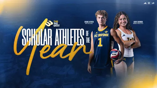Aoife Hernon and Shane Aitken pose in a graphic recognizing them as Big West Scholar Athletes of the Year in 2026