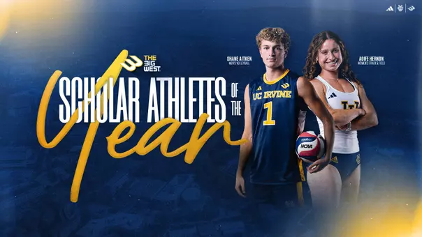 Aoife Hernon and Shane Aitken pose in a graphic recognizing them as Big West Scholar Athletes of the Year in 2026