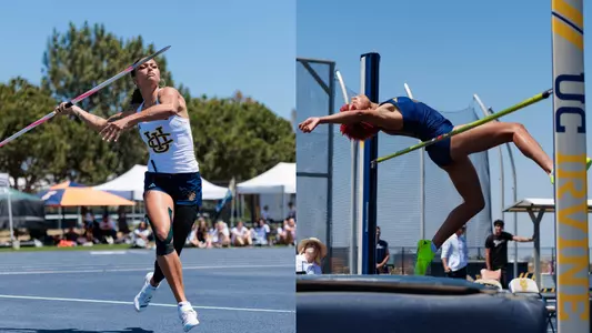 Split image with Jolie Robinson throwing javelin on the left and Joy Anderson going over the high jump bar on the right