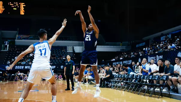 Langston Redfield shoots for three vs. Chinese Taipei White in the 2026 William Jones Cup