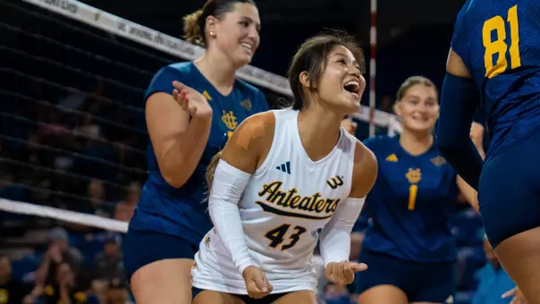 Tata Vongfak celebrates a point won in UC Irvine women's volleyball's exhibition match against USC