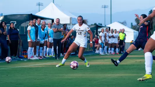 Keira Baranski possesses the ball in a matchup vs. Utah Tech in Anteater Stadium