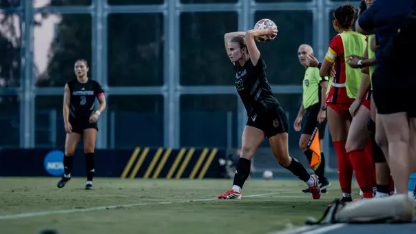 Allison Rabe with a throw-in in a 2026 match at Anteater Stadium vs. Utah Tech