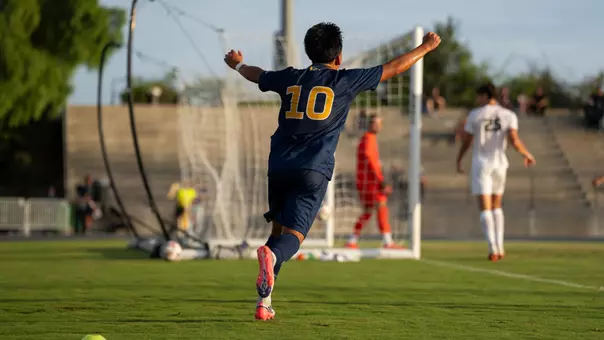 Marcus Lee celebrates after assisting on a Gage Lyons goal vs. Oregon State in a 2026 home match