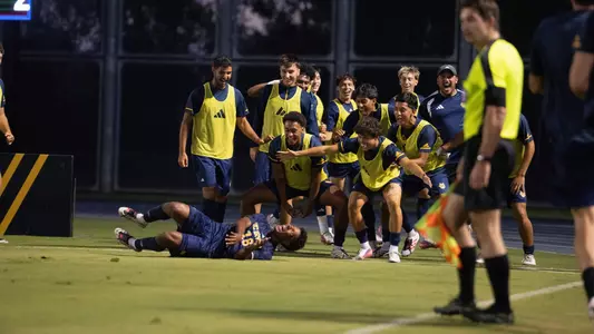 Isaac Powell celebrates his goal vs. Oregon State with his team in a match in Anteater Stadium in 2026