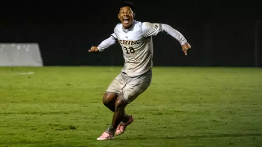 Isaac Powell celebrates at the final whistle as UC Irvine men's soccer wins the Big West Championship