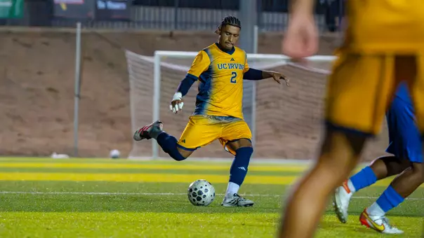 Abraham Brown plays out of the back in a 2026 match at UC Riverside