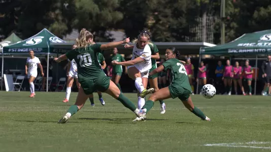 Elizabeth Hayes fires a shot through traffic in women's soccer's match at Sacramento State