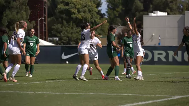 Mimi Yamamoto celebrates with her teammates following her 87th-minute game-tying goal at Sacramento State
