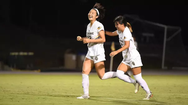 Mimi Yamamoto and Chifumi Sasaki celebrate each of their goals in a 2026 win vs. Cal State Bakersfield