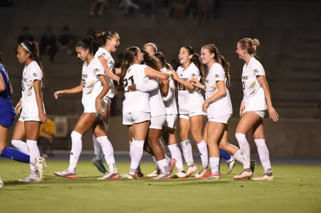 UC Irvine women's soccer rejoices with Chifumi Sasaki after her go-ahead goal vs. Cal State Bakersfield
