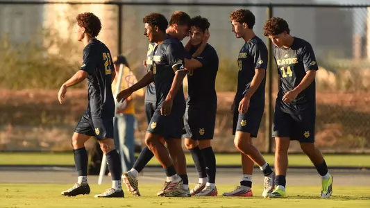 Ferran Duran celebrates with his teammates after a goal vs. Missouri State