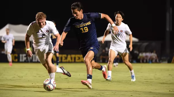 Brady Treinen drives upfield in a 2026 match in Anteater Stadium vs. Missouri State