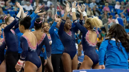 The 2015 UCLA Gymnastics team (photo by Don Liebig)