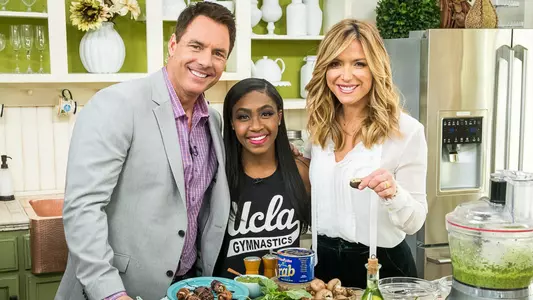 Hallie Mossett with Home & Family hosts Mark Steines and Debbie Matenopoulos (photo courtesy Home & Family)