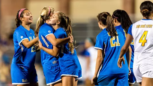 UCLA celebrates after one of five goals in a 5-0 win over SJSU