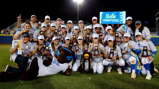 OKLAHOMA CITY, OK - JUNE 4: The UCLA Bruins celebrate their victory against the Oklahoma Sooners during the Division I Women's Softball Championship held at ASA Hall of Fame Stadium-OGE Energy Field on June 4, 2019 in Oklahoma City, Oklahoma. (Photo by Shane Bevel/NCAA Photos via Getty Images)