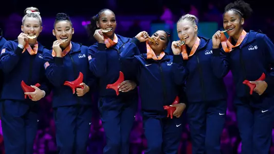 LIVERPOOL, ENGLAND - NOVEMBER 01: Gold medalists of Team United States pose for a photo during the medal ceremony for Women's Team Final on day four of the 2022 Gymnastics World Championships at M&S Bank Arena on November 01, 2022 in Liverpool, England. (Photo by Laurence Griffiths/Getty Images)