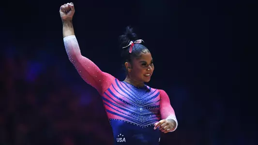 LIVERPOOL, ENGLAND - NOVEMBER 06: Jordan Chiles of United States celebrates after their routine in the Woman's Floor Final on day nine of the 2022 Gymnastics World Championships at M&S Bank Arena on November 06, 2022 in Liverpool, England. (Photo by Laurence Griffiths/Getty Images)