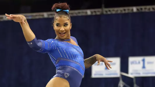 LOS ANGELES, CALIFORNIA - FEBRUARY 27: Jordan Chiles of the UCLA Bruins competes on floor exercise during a meet against the University of Washington at UCLA Pauley Pavilion on February 27, 2022 in Los Angeles, California. (Photo by Katharine Lotze/Getty Images)