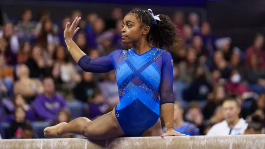 SEATTLE, WA - JANUARY 21: Selena Harris of the UCLA Bruins competes on balance beam during UCLA vs Washington at Alaska Airlines Arena in Seattle, WA on January 21, 2023. (Photo by Zhengmu Wang)