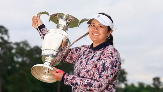 THE WOODLANDS, TEXAS - APRIL 23: Lilia Vu of the United States celebrates with the trophy after winning in a one-hole playoff during the final round of The Chevron Championship at The Club at Carlton Woods on April 23, 2023 in The Woodlands, Texas. (Photo by Carmen Mandato/Getty Images)