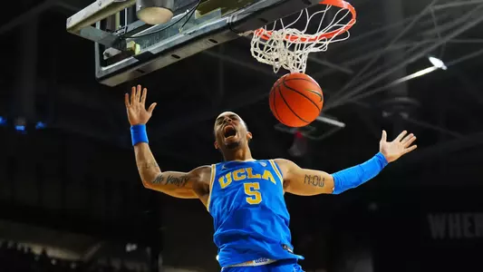 Feb 26, 2023; Boulder, Colorado, USA; UCLA Bruins guard Amari Bailey (5) reacts after a score in the second half against the Colorado Buffaloes at the CU Events Center. Mandatory Credit: Ron Chenoy-USA TODAY Sports
