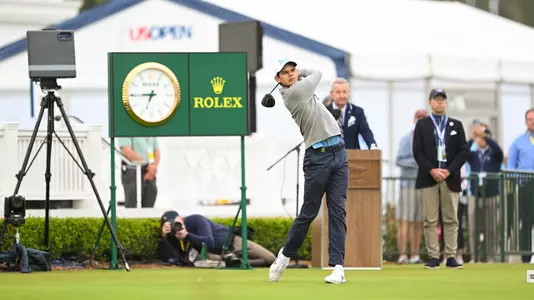 Omar Morales watches his tee shot on the first hole during the first round of the 2023 U.S. Open at The Los Angeles Country Club in Los Angeles, Calif. on Thursday, June 15, 2023. (Robert Beck/USGA)