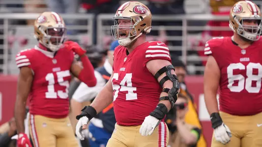 Dec 10, 2023; Santa Clara, California, USA; San Francisco 49ers center Jake Brendel (64) reacts after a touchdown by wide receiver Deebo Samuel (not shown) during the third quarter against the Seattle Seahawks at Levi's Stadium. Mandatory Credit: Darren Yamashita-USA TODAY Sports