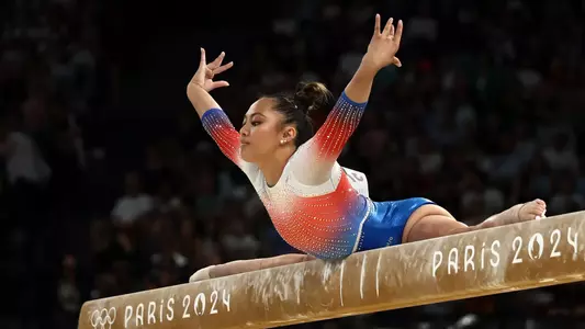 PARIS, FRANCE - JULY 28: Emma Malabuyo of Team Philippines competes on the balance beam during the Artistic Gymnastics Women's Qualification on day two of the Olympic Games Paris 2024 at Bercy Arena on July 28, 2024 in Paris, France. (Photo by Naomi Baker/Getty Images)