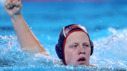 (Paris, August 3, 2024) -- Ryder Dodd of Team United States celebrates a goal in the Men's Preliminary Round - Group A match between Team Montenegro and Team United States on day eight of the Olympic Games Paris 2024 at Aquatics Centre on August 03, 2024 in Paris, France. (Photo by Clive Rose/Getty Images)