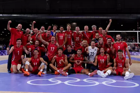PARIS, FRANCE - AUGUST 09: Team United States athletes pose for a photo after winning a Men's Bronze Medal Match between Team Italy and Team United States on day fourteen of the Olympic Games Paris 2024 at Paris Arena on August 09, 2024 in Paris, France. (Photo by Buda Mendes/Getty Images)