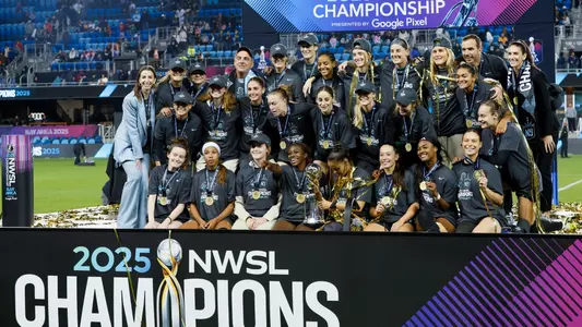 Nov 22, 2025; San Jose, California, USA; Gotham FC players celebrate on the podium after defeating the Washington Spirit in the 2025 NWSL Championship at PayPal Park. Mandatory Credit: John Hefti-Imagn Images