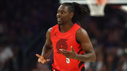 Apr 14, 2026; Phoenix, Arizona, USA; Portland Trail Blazers guard Jrue Holiday (5) reacts against the Phoenix Suns in the first half during the play-in rounds of the 2026 NBA Playoffs at Mortgage Matchup Center. Mandatory Credit: Mark J. Rebilas-Imagn Images