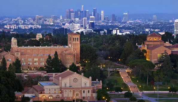 UCLA's view from Hedrick Hall, looking east across the campus to downtown Los Angeles.