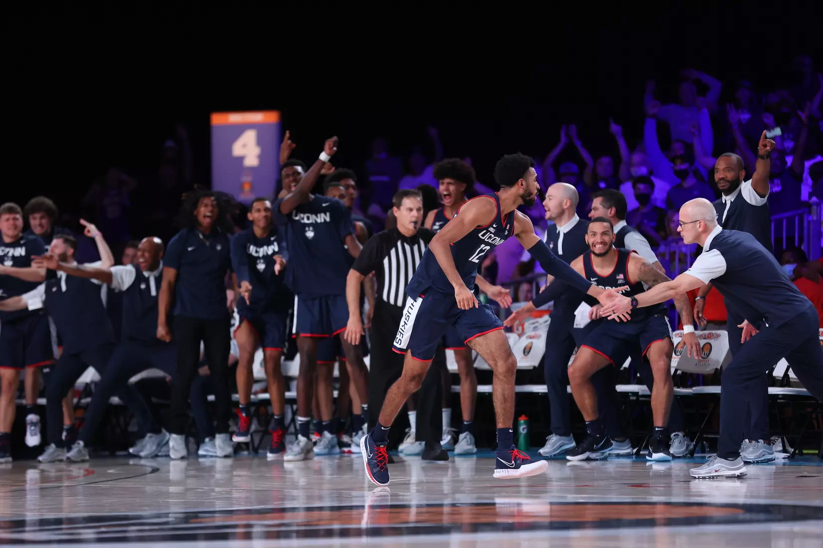 Connecticut Huskies forward Tyler Polley (12) at the Battle 4 Atlantis Wednesday, November 24, 2021 at Atlantis, Paradise Island in the Bahamas. (Photo by Tim Aylen)
