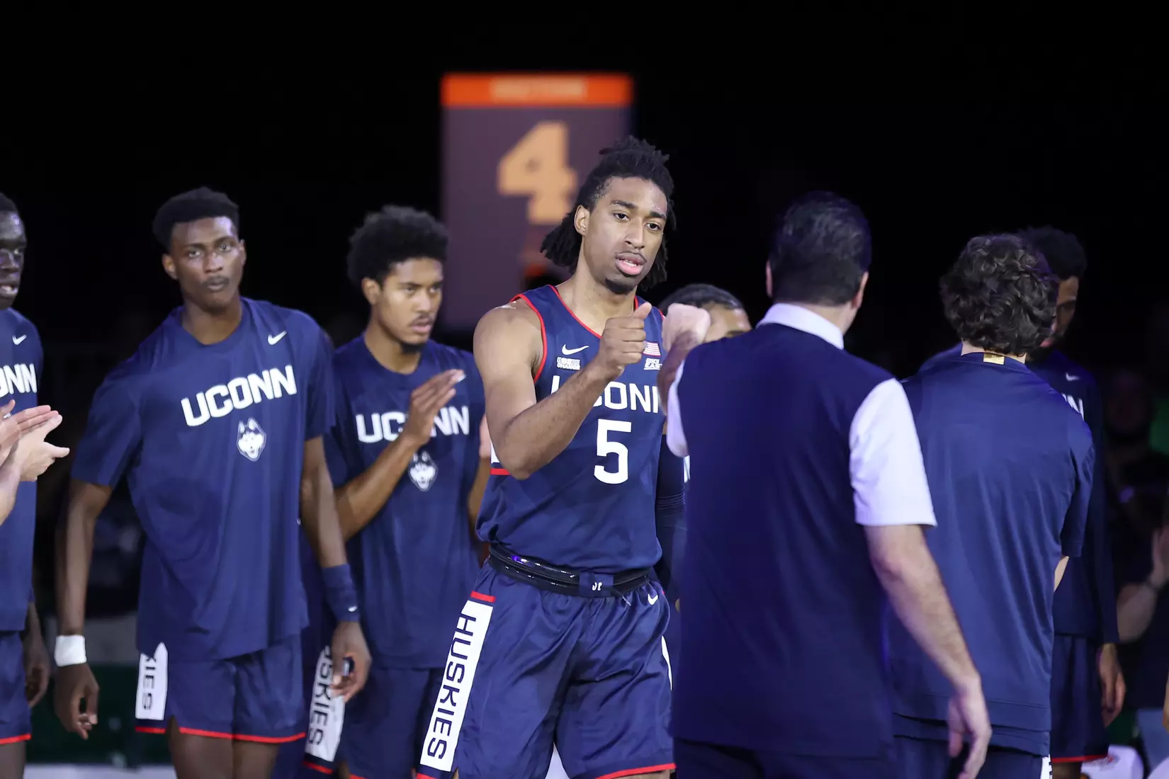 Connecticut Huskies forward Isaiah Whaley (5) at the Bad Battle 4 Atlantis Wednesday, November 24, 2021 at Atlantis, Paradise Island in the Bahamas. (Photo by Tim Aylen)